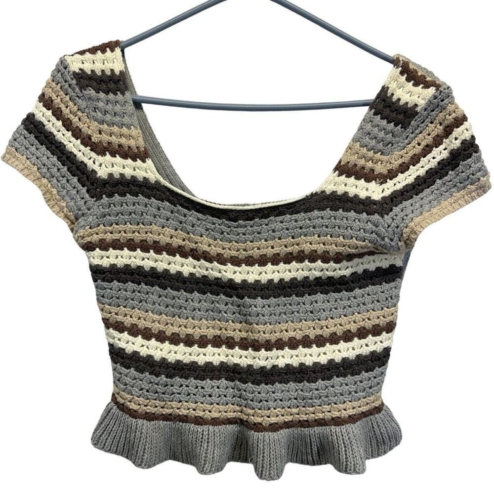 Promesa Crochet Cropped Knit Sweater T Sm Multi Color Earth Tones Wide Neck